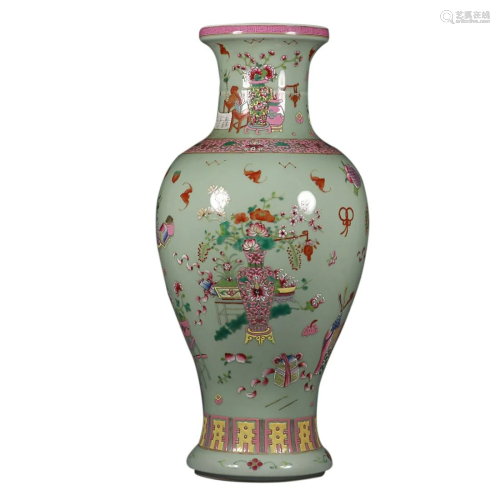 CELADON-GLAZED AND FAMILLE-ROSE 'FLORAL' ZUN VASE