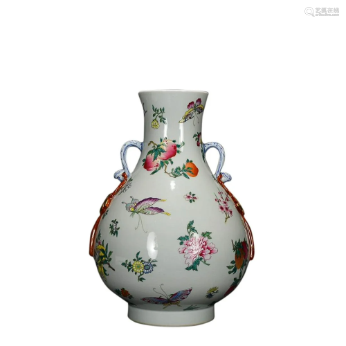 FAMILLE-ROSE 'FRUIT' HANDLED ZUN VASE