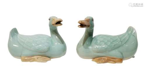 Pair Of Chinese Celadon Glazed Figures Of Ducks Qing Dynasty...