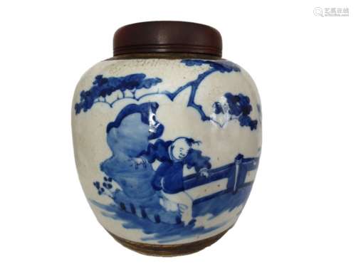 19th Century Chinese Blue & White Ginger Crackle Jar