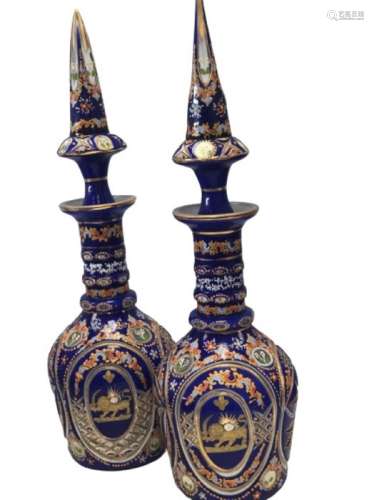 Pair Of Islamic Bohemian Cut Crystal Decanters Gold Gilded