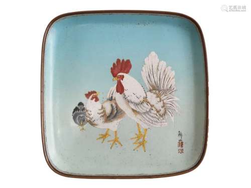 19th Century Chinese Cloisonné Dish Signed With Hens
