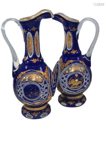 Pair Of Islamic Bohemian Cut Crystal Ewer Vases