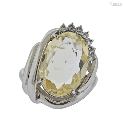 Mid Century Platinum Diamond Yellow Stone Cocktail Ring