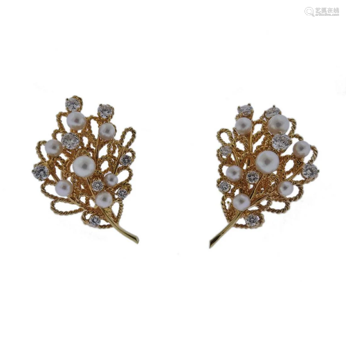 Diamond Pearl Gold Leaf Motif Earrings