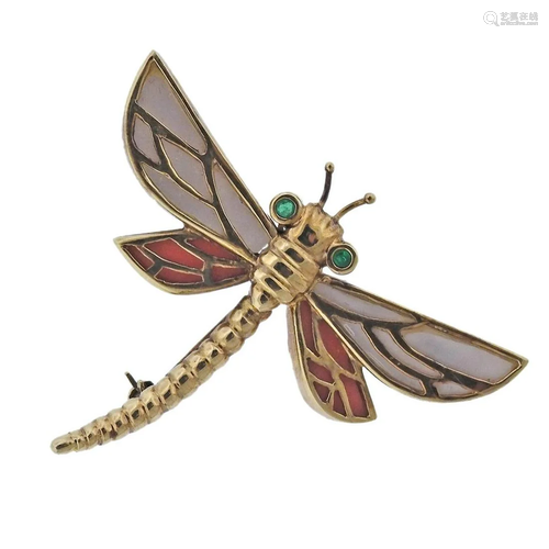 14k Gold Coral MOP Emerald Dragonfly Brooch