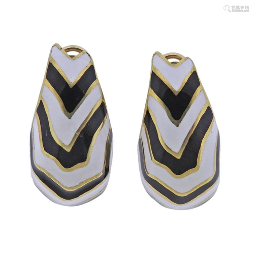 18k Gold Black White Enamel Earrings