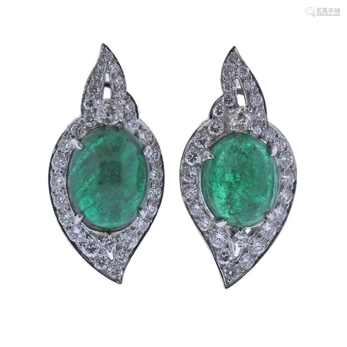 18k Gold Emerald Cabochon Diamond Earrings