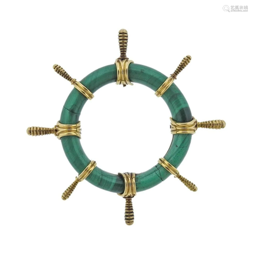 French 1970s Malachite 18k Gold Ships Wheel Pendant