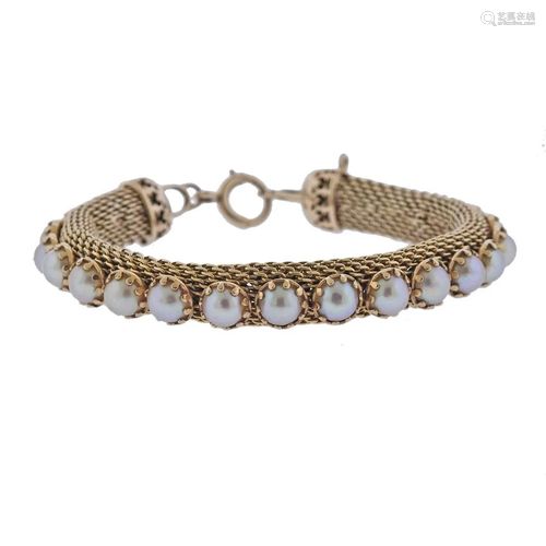 1960s 14k Gold Pearl Bracelet