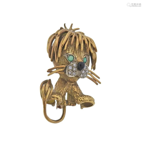 1960s 18k Gold Diamond Emerald Lion Brooch