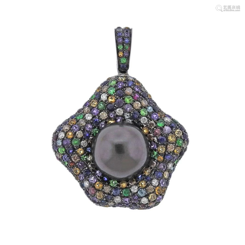 3.84ctw Multi Sapphire Diamond Pearl Gold Pendant