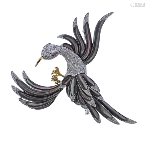 18k Gold Diamond Ruby MOP Bird Brooch Pin