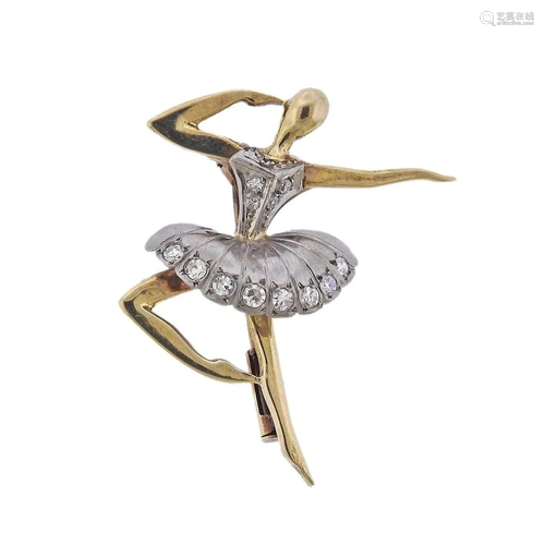 Mid Century 18k Gold Diamond Ballerina Brooch