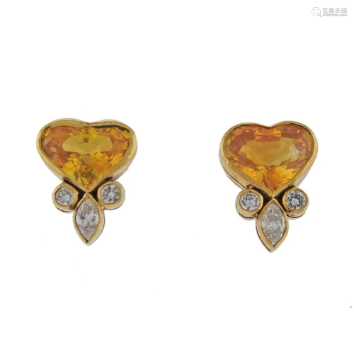 18K Gold Yellow Sapphire Diamond Heart Stud Earrings