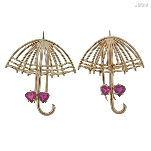 18k Gold Ruby Umbrella Brooch Set