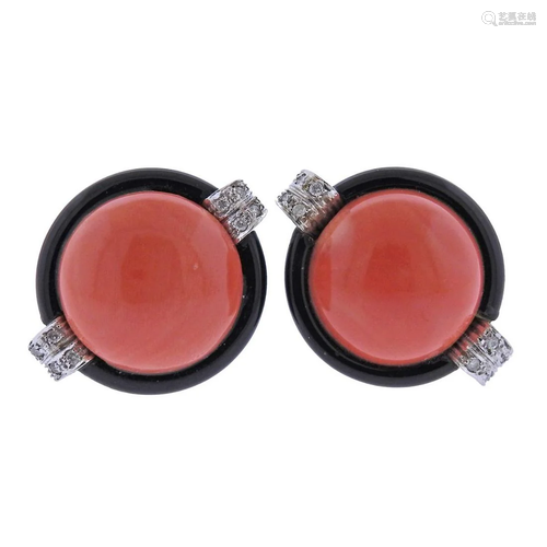 18k Gold Coral Onyx Diamond Earrings