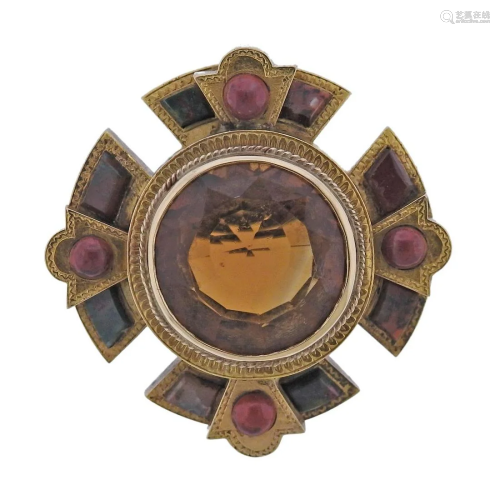 Scottish Antique 14k Gold Agate Gemstone Brooch Pendant