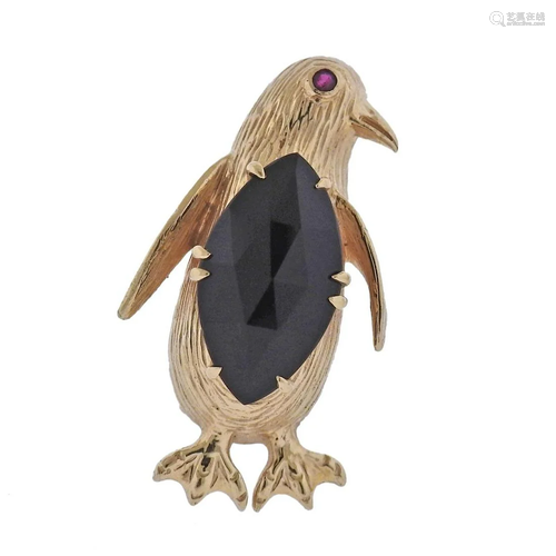 Hammerman Bros. 14k Gold Onyx Ruby Penguin Brooch