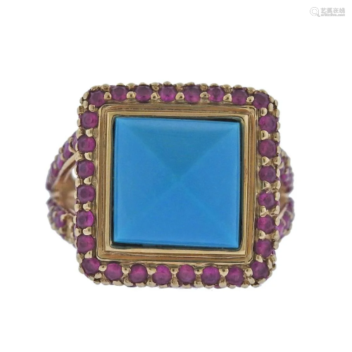 14k Gold Turquoise Ruby Cocktail Ring