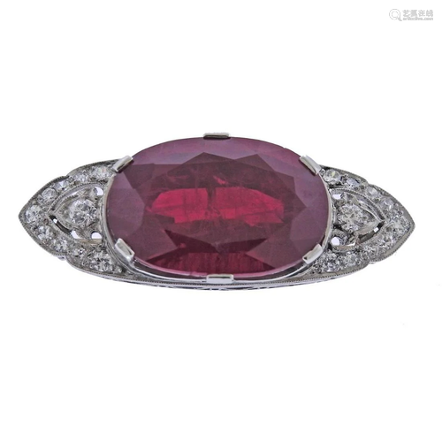 Art Deco Platinum Red Stone Diamond Brooch