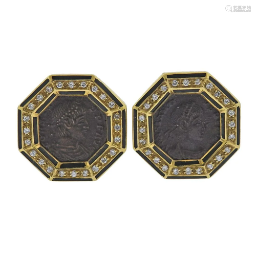 18k Gold Diamond Coin Enamel Earrings