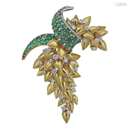 Marchak Paris France Gold Emerald Diamond Brooch