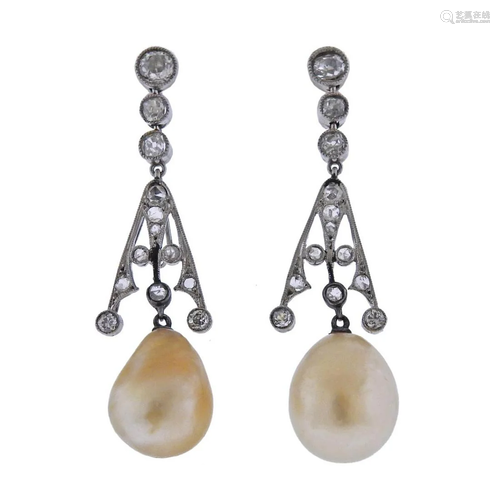 Art Deco Platinum Natural Pearl Diamond Earrings