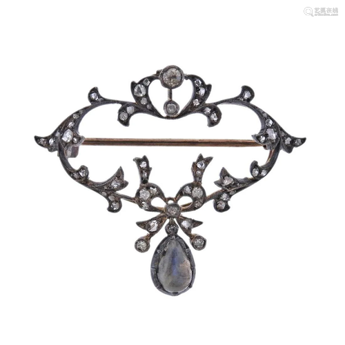 Antique Gold Silver Labradorite Diamond Brooch