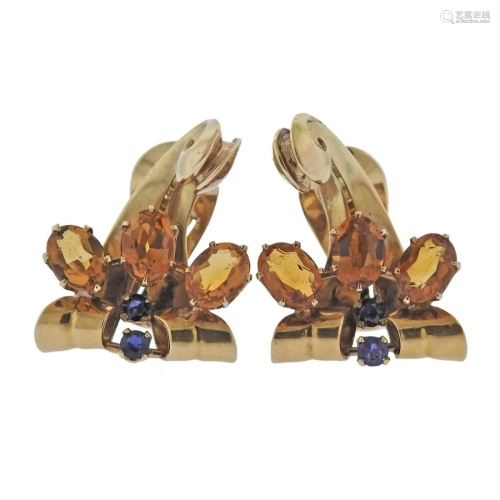Retro 14K Gold Citrine Sapphire Earrings