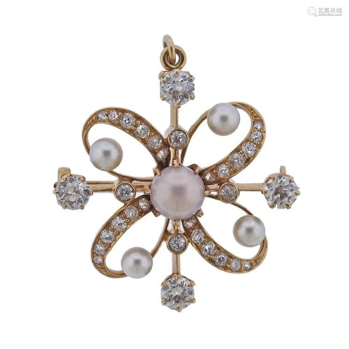 Antique 18k Gold Diamond Pearl Pendant Brooch