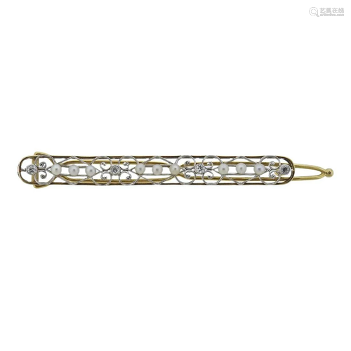 Antique 14k Gold Pearl Diamond Hair Clip