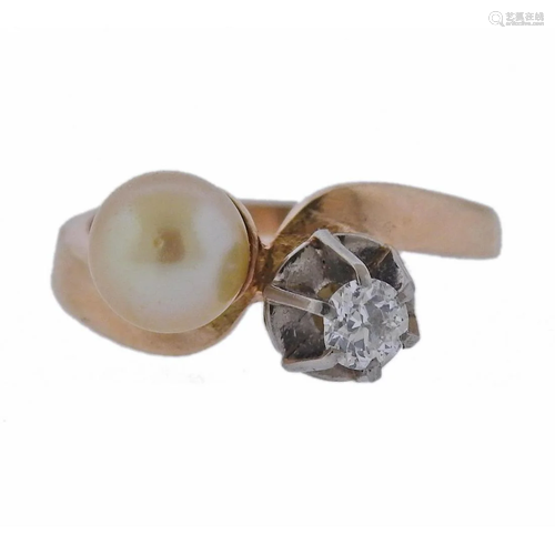 Antique 18k Gold Pearl Diamond Bypass Ring