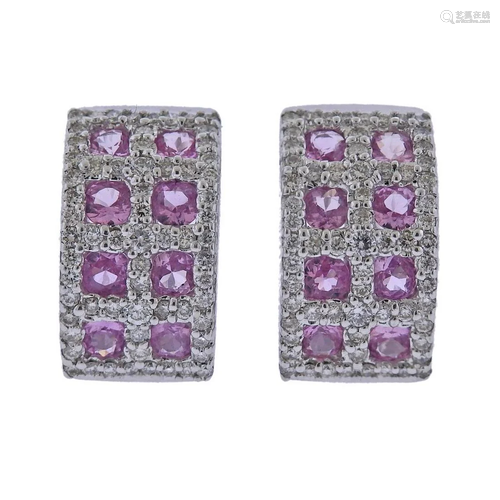 18k Gold Pink Sapphire Diamond Half Hoop Earrings