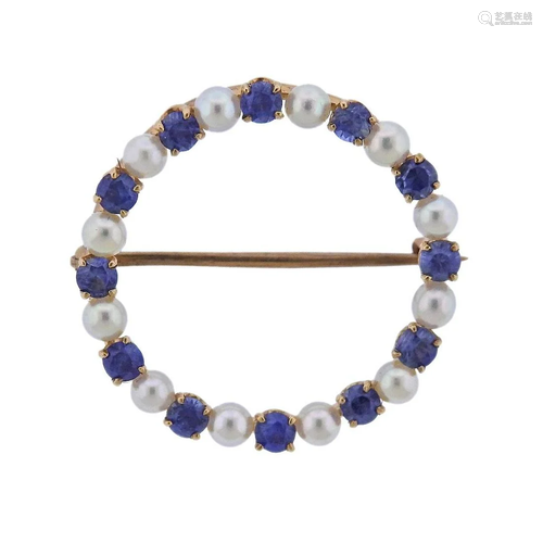 Antique 14k Gold Sapphire Pearl Circle Brooch