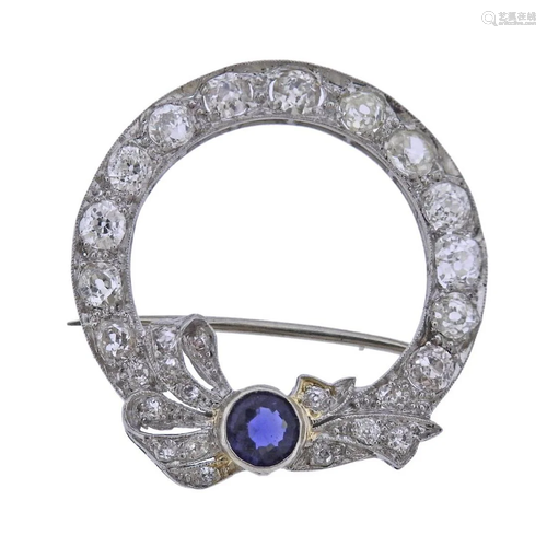 Art Deco Platinum Diamond Sapphire Brooch Pin