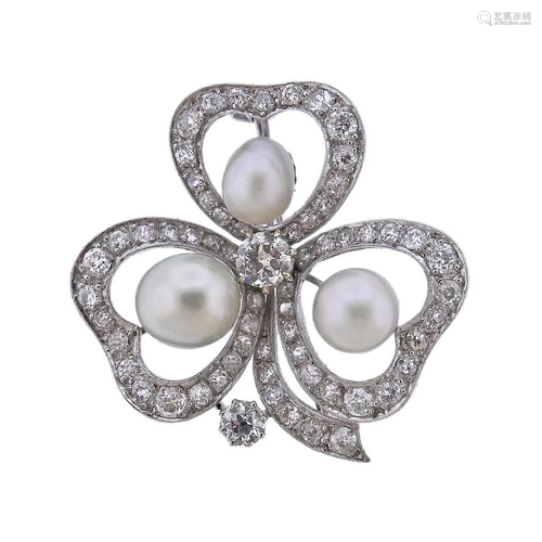 14k Gold Diamond Pearl Clover Brooch