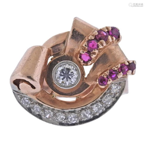 Retro 1940s Palladium Gold Diamond Ruby Ring