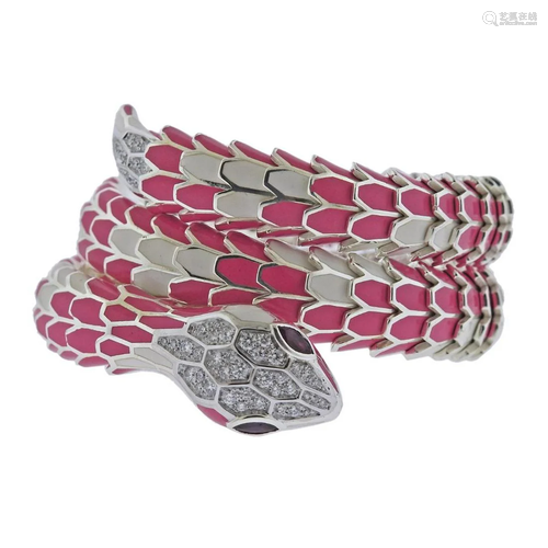 18k Gold Silver Diamond Ruby Enamel Snake Wrap Bracelet