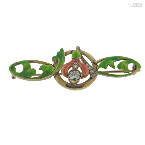 Art Nouveau 14k Gold Diamond Enamel Brooch