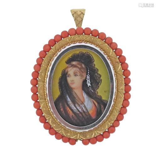 Antique Gold Coral Diamond Miniature Portrait Locket