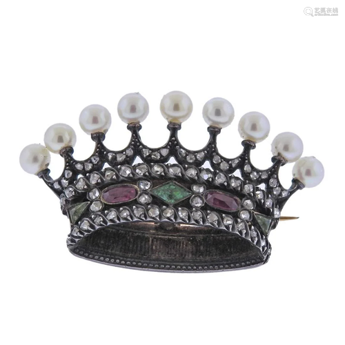 Antique French Victorian Diamond Gemstone Crown Brooch