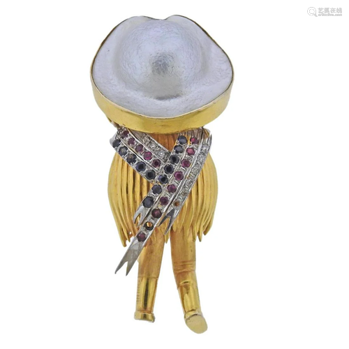 Gold Pearl Diamond Sapphire Ruby Sombrero Brooch