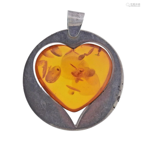 Modernist Sterling Silver Amber Heart Pendant