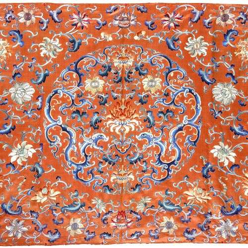 A CHINESE EMBROIDERED SILK PANEL DECORATED WITH DRAGONS AND ...