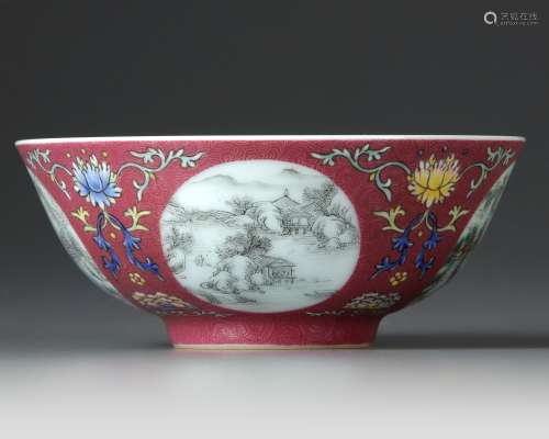 A CHINESE FAMILLE ROSE PINK-GROUND ‘MEDALLION’ BOWL.