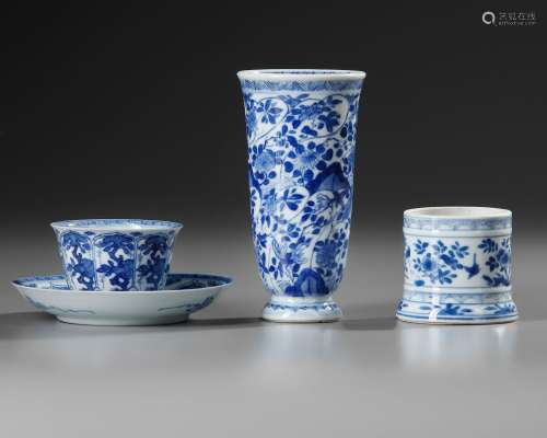 A GROUP OF THREE CHINESE BLUE AND WHITE STEMMED BEAKER AND C...