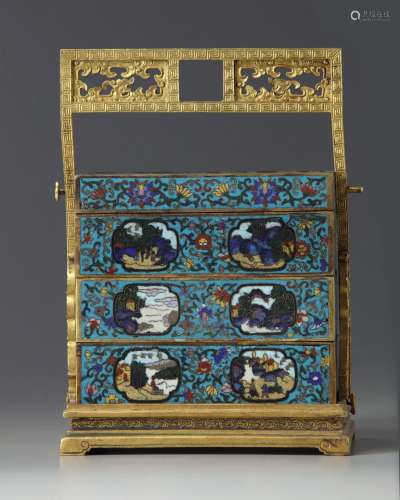 A CHINESE CLOISONNÉ ENAMEL THREE-TIERED LUNCH BOX, CHINA, 19...