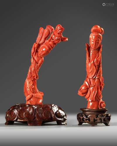 TWO CHINESE CARVED RED CORAL FIGURES OF A LADIES ,19TH-20TH ...