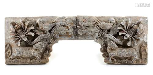 A PAIR OF CHINESE CARVED BRICKS WITH DEER AND FLOWER MOTIF, ...